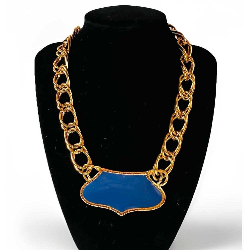 Monet Blue Enamel Choker Necklace 14" Gold Tone Statement Sculptural